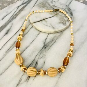 Vintage 1970s Ceramic & Glass Beaded Necklace‎ | Brown Chunky Retro Boho Hippie